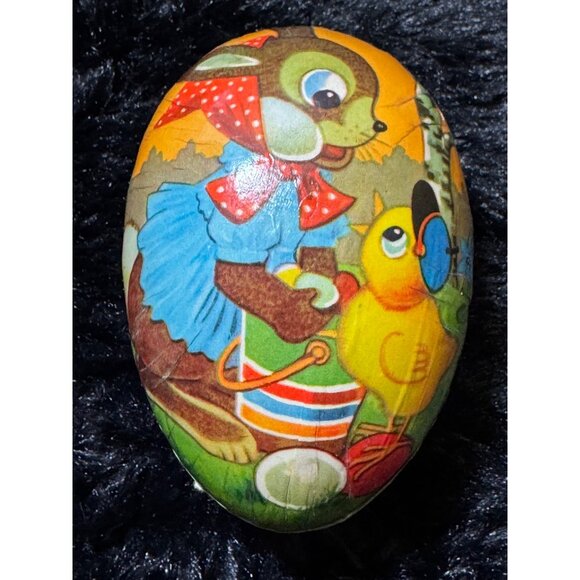 Vintage German Paper Mache Easter Egg With Bunny & Chick Design - Picture 1 of 9